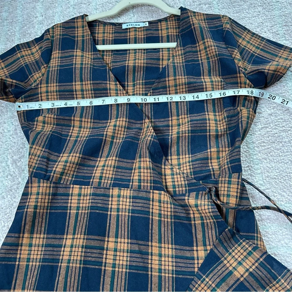 Stelen Cotton Plaid Wrap Dress Orange Navy Green Fall Plaid Size Med Ruffle Hem - Picture 6 of 9